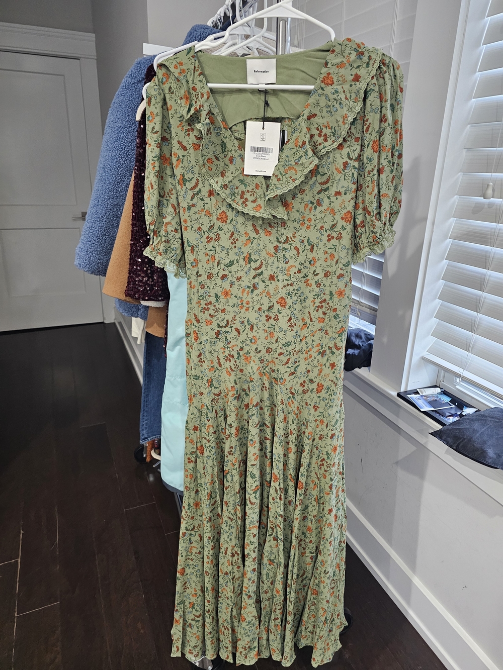 Reformation Sage Green Maxi Dress with Orange Floral Print